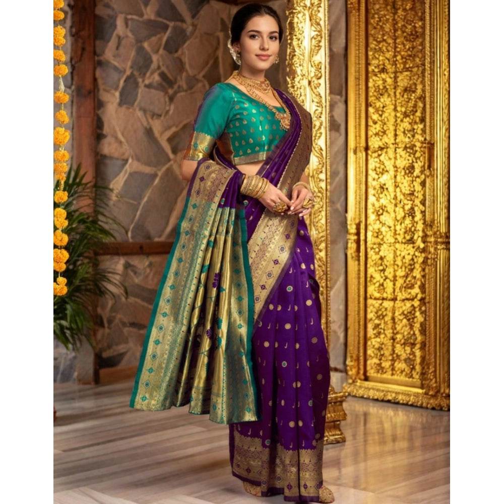 Generic Women's Silk Blend Zari Weaving Saree With Unstitched Blouse 5.5Mtr (Purple) - MYLUXURY LANE ENTERPRISE